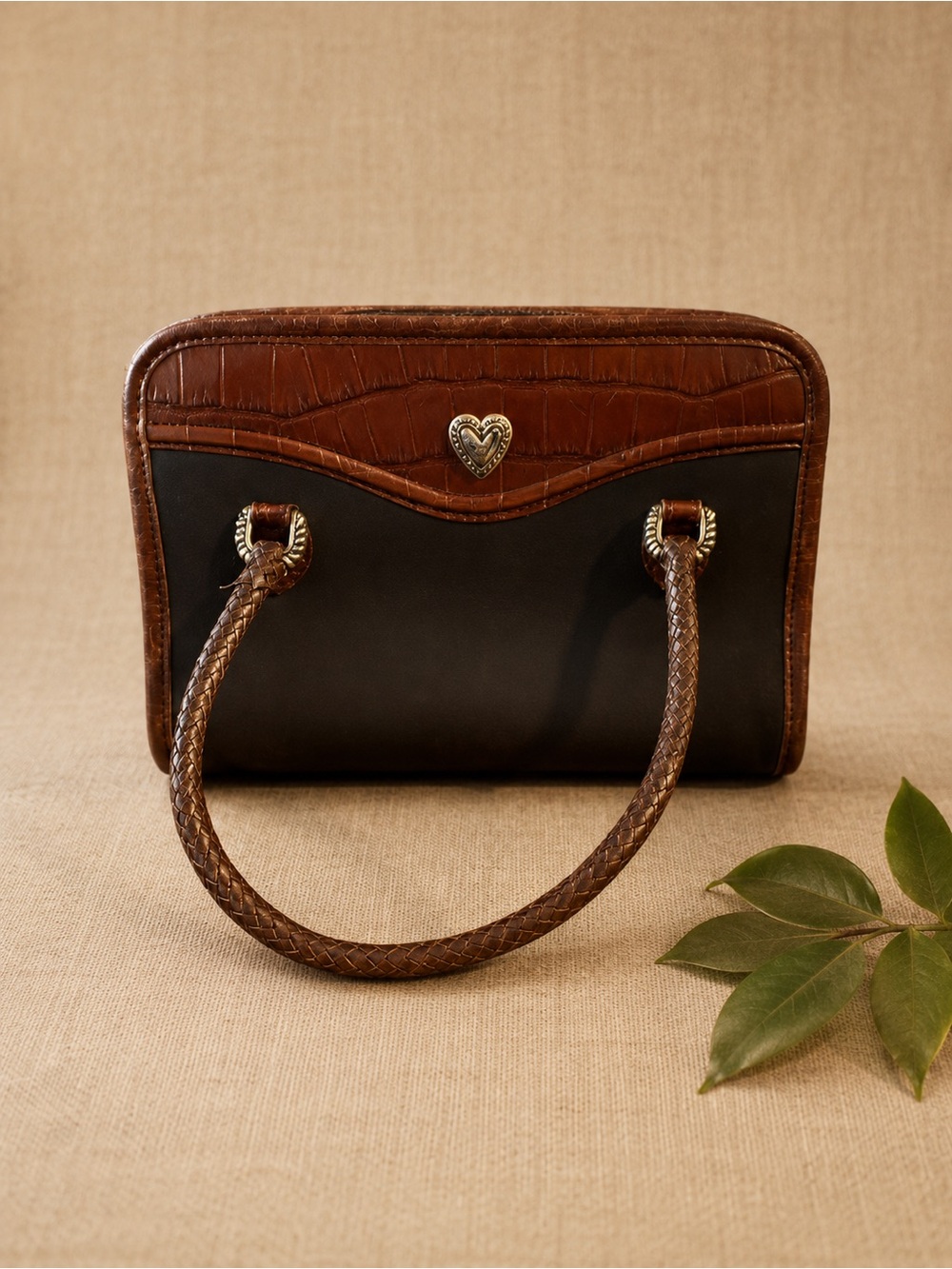 Brighton Croc‑Trim Braided Handle Satchel – Brown & Black Leather